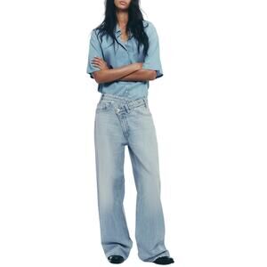 ZARA TRF HIGH-WAIST WIDE LEG CROSSOVER JEANS In Light Blue USA 2